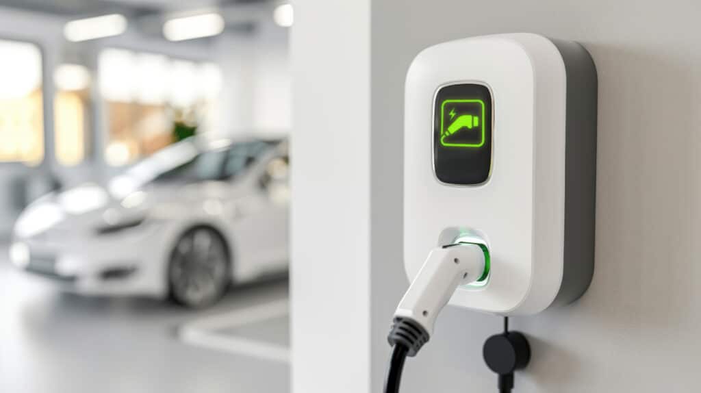 voiture électrique branchée à une borne en train de recharger à domicile